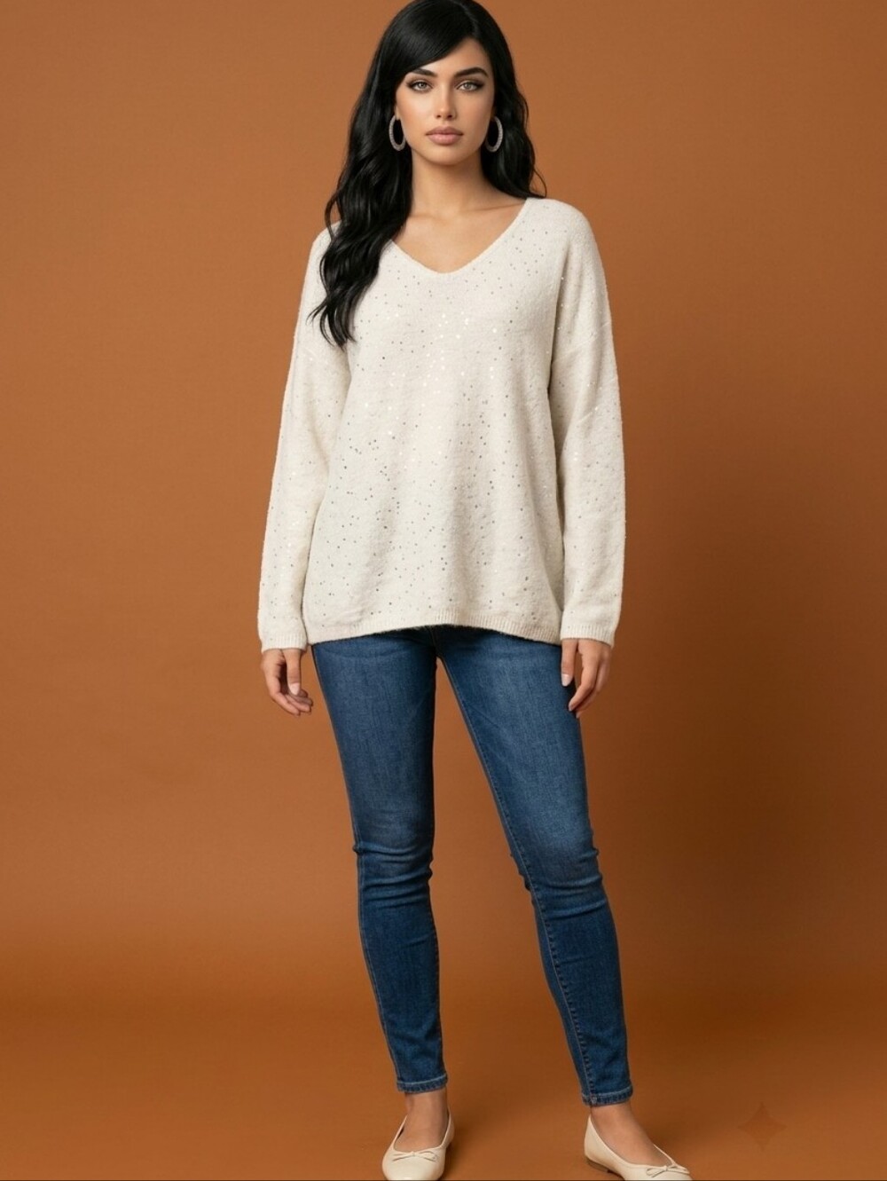 EVRI White V-Neck Sweater Sequins Size 2X  Comfy Pullover Cabincore Long Sleeve